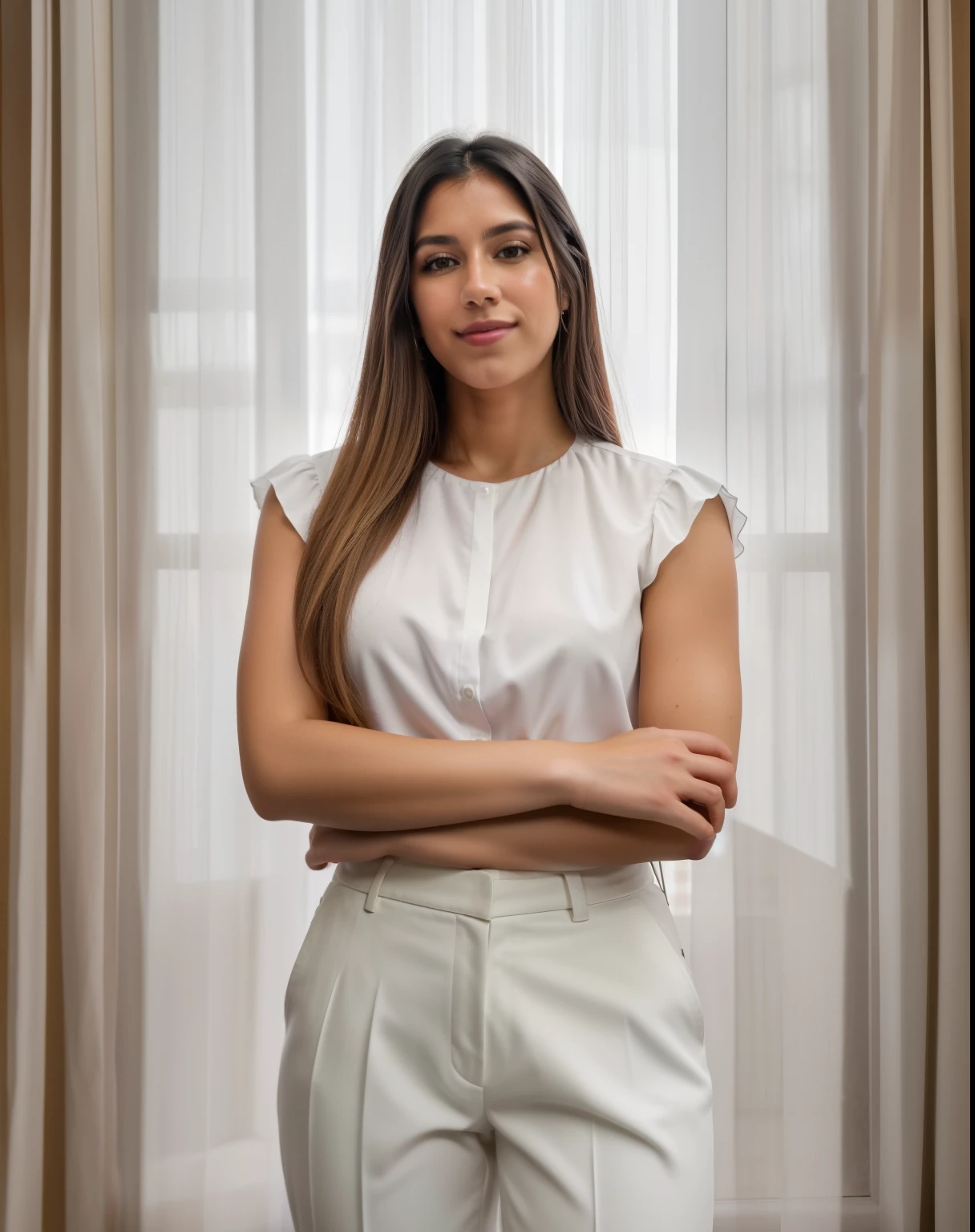 smiling woman in a white blouse and pants in front of a window, fernanda suarez, julia fuentes, Olivia de Bernardinis, Valentina Embaralhamento, Caroline Gariba, Malika Favre, Estefania Villegas Burgos, Christina Kritikou, Directed by: Nandor Soldier, amazing professional picture, Foto de uma mulher, foto de perfil profissional, cortina branca de fundo, fundo branco, janela com cortina branca, (Foto RAW, real, melhor qualidade, obra-prima: 1.2), (Hiper realista, realista: 1.2), alta qualidade, (dark ilumination: 1.2), perfect lighting, Lightroom, Filmes 35mm, cinemactic, cores esmaecidas, tiro escuro, cores silenciadas, filme granulado, lute, detalhes insanos, detalhes intrincados, hiperdetalhado, 4k
