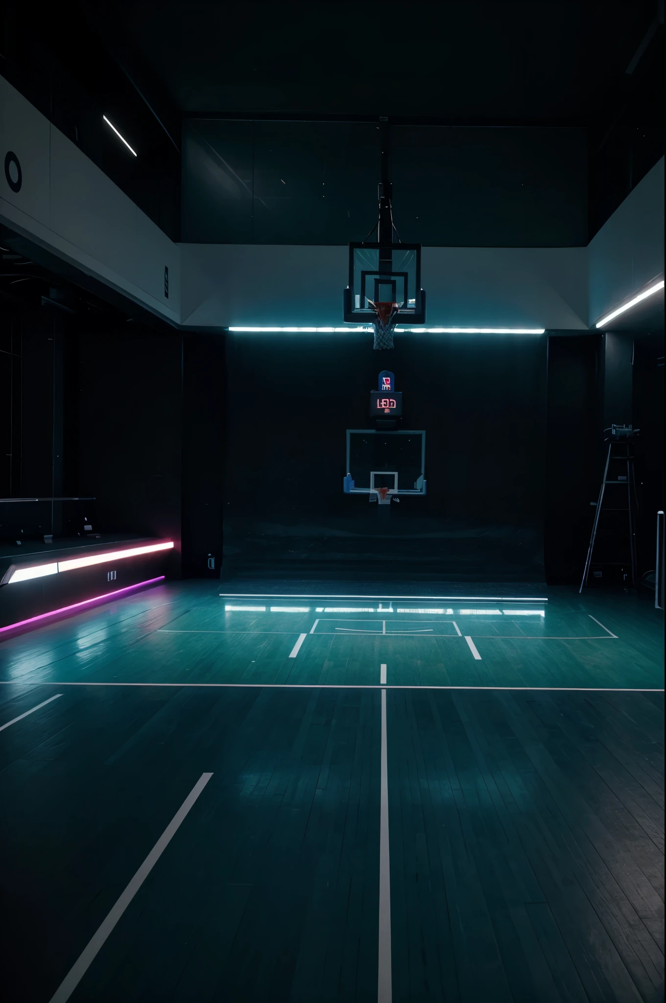 "Generate a vibrant and immersive 3D basketball court scene . Envision a sleek court layout surrounded by dynamic holographic displays. The basketball hoop should feature animated flames, adding an electrifying and visually striking element. Provide intricate details of the court, including the floor texture, lighting effects, and any innovative design elements that enhance the futuristic ambiance. Consider the overall aesthetic appeal, ensuring the generated description encapsulates the essence of a cutting-edge basketball court experience.realistic photo, best quality, 4K resolution, highres:1.2), professional, ultra-detailed, sharp focus, HDR, studio lightingshot on ALEXA 65, Velvia 100 ,underexposed,Voigtlnder Nokton 50mm f1.1 , in the style of Martin Schoeller