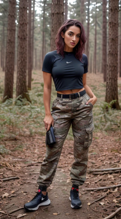 Beautiful woman in a camouflage sport top and dark cargo pants, dark hair, smoky style eyes, posing for a photo, use Canon reflex 85 mm, background pluvial forest