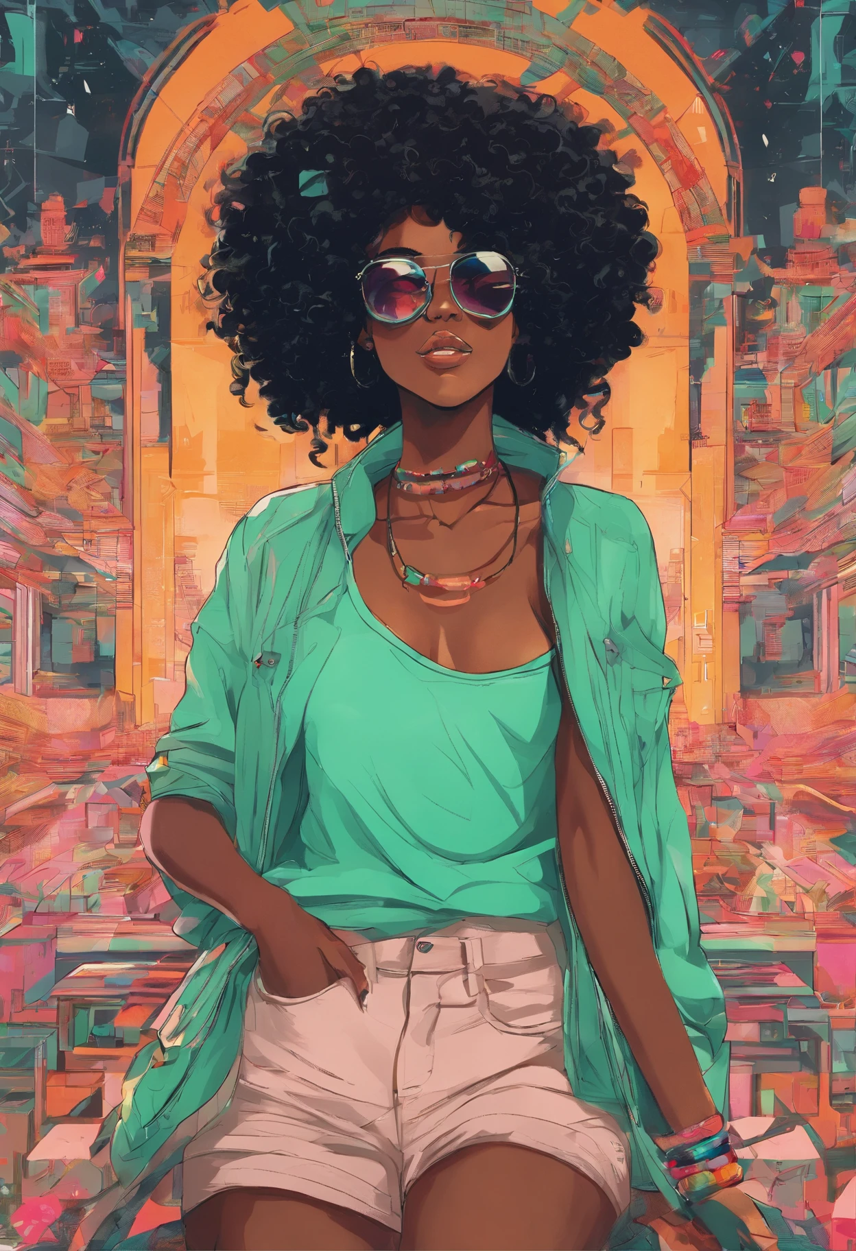 African girl, black hair, long, mint-green, off the shoulder sweater, aviator glasses, insanely detailed, 8k, high definition
