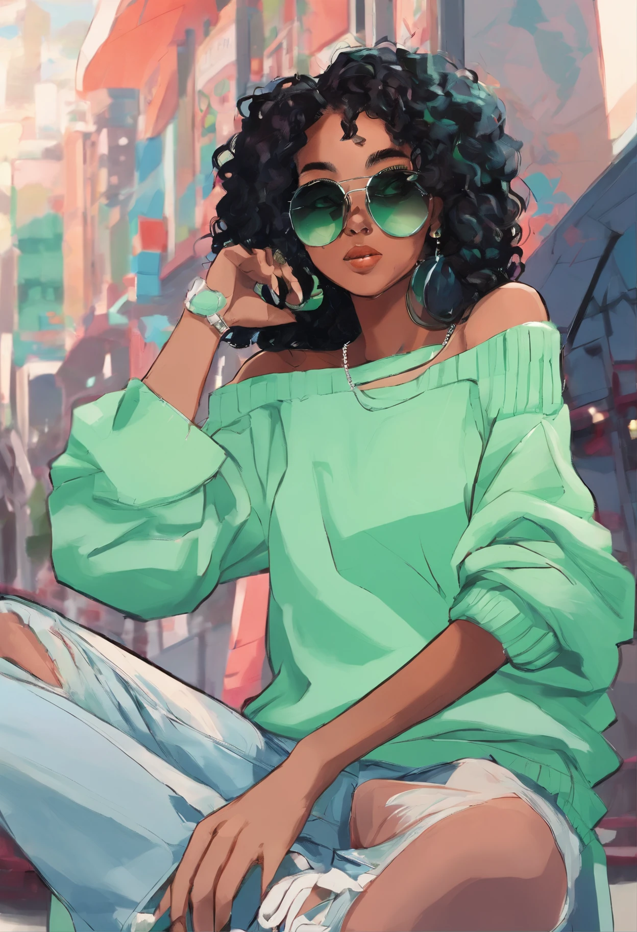 African girl, black hair, long, mint-green, off the shoulder sweater, aviator glasses, insanely detailed, 8k, high definition