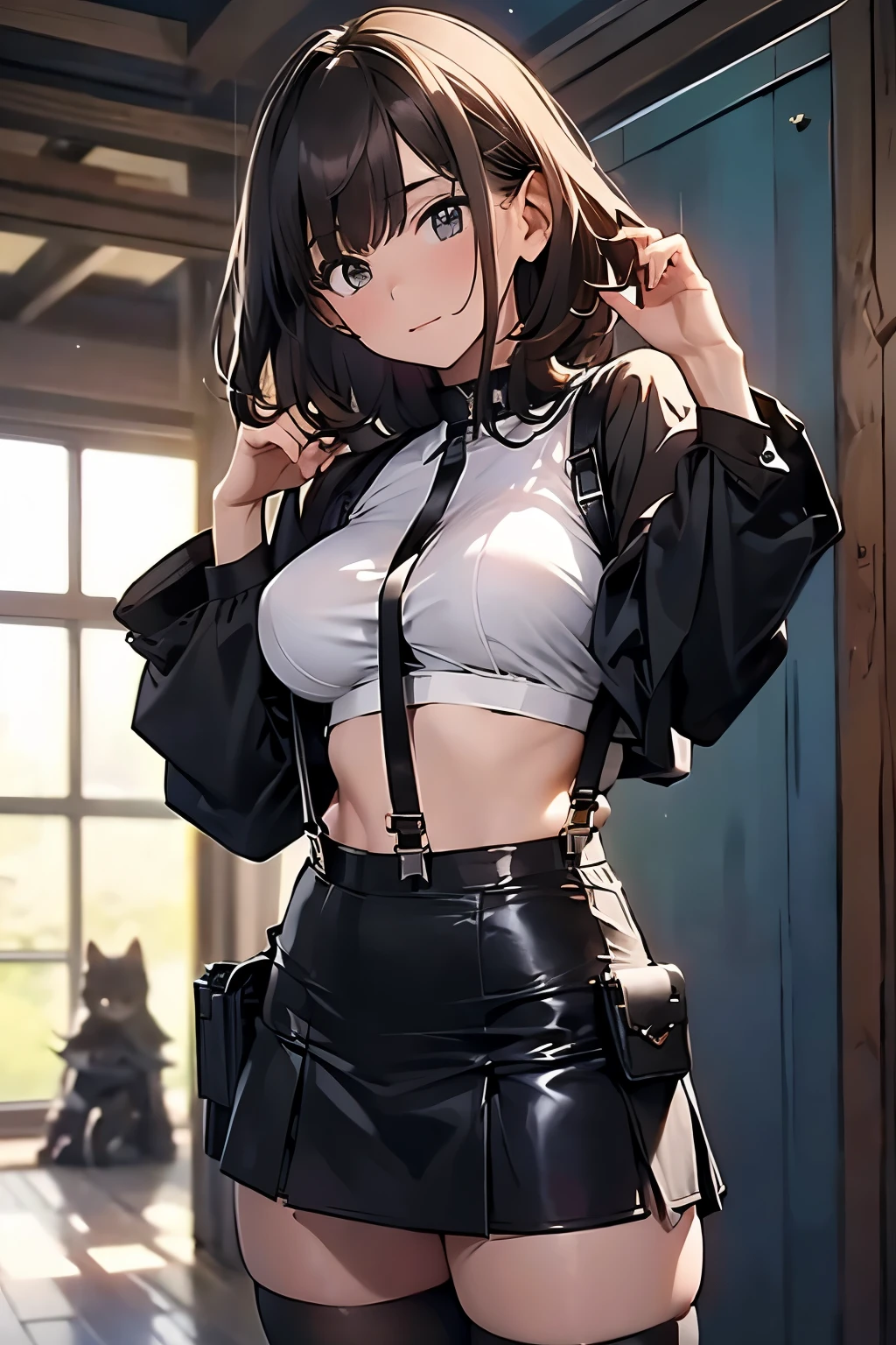 Brown hair、watching at viewers black suspenders bulging big tits walls: Black miniskirt garters Gaze a small face bangss holster Beautuful Women Hands up レッグholster ベッドに横たわる Gaze black boots panty shot Provocation flank flank汗 Soio arms are