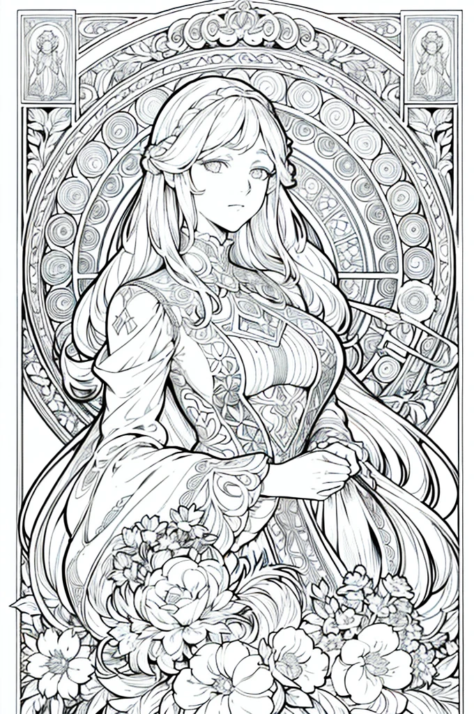 European women's face portrait, long curly hair, blonde, floral frame, decorative panel, abstract
Art by Alphonse Mucha, sketch, character lines and scenes without colors and shadows.
(Masterpiece, Best Quality, Highres:1.4), Detailed, Intricate Details, 4K, color splashes, line art, fibonacci,