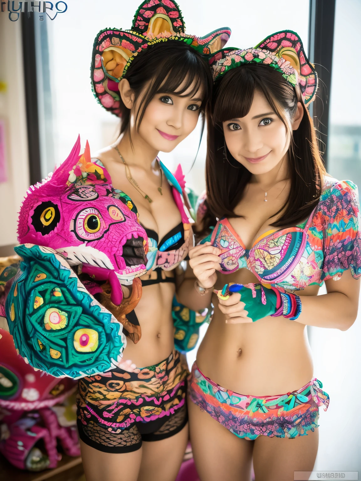 2 girls,duo,white colors,((Alebrijes' Art Style)),Sony Alpha 1,Sony FE 16〜35mm f/2.8 ,ulzzang -6500-v1.1,Sharp Focus,Highly detailed,Rich colors,Vibrant colors,Trending in art stations,4K,XXMIX Girls,Disturbance,