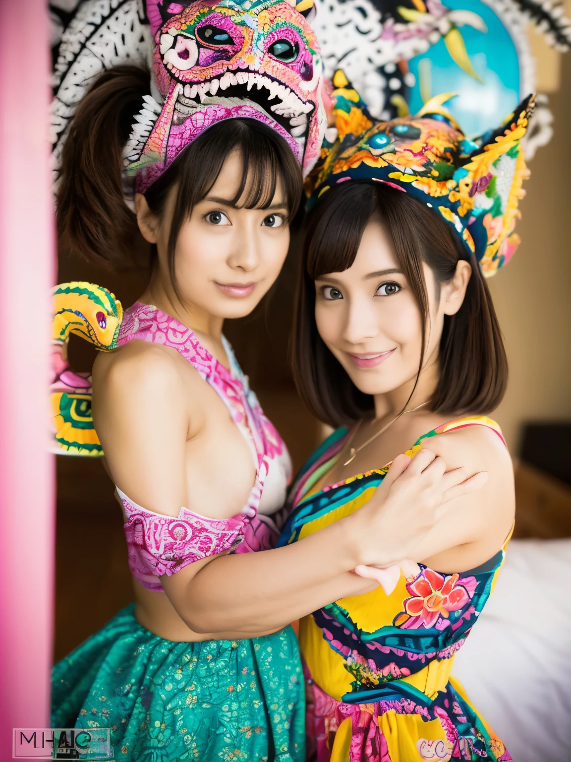 2 girls,duo,white colors,((Alebrijes' Art Style)),Sony Alpha 1,Sony FE 16〜35mm f/2.8 ,ulzzang -6500-v1.1,Sharp Focus,Highly detailed,Rich colors,Vibrant colors,Trending in art stations,4K,XXMIX Girls,Disturbance,