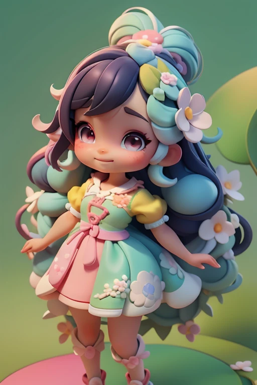 Avatar ,sorriso meigo e delicado, multicolorida, vestida com uma jardineira, corpo inteiro,pele clara e olhos delicados e definidos,cartoon 3D com blusa delicada,, casaco peludinha, cabelos multicolor, fundo simples e branco