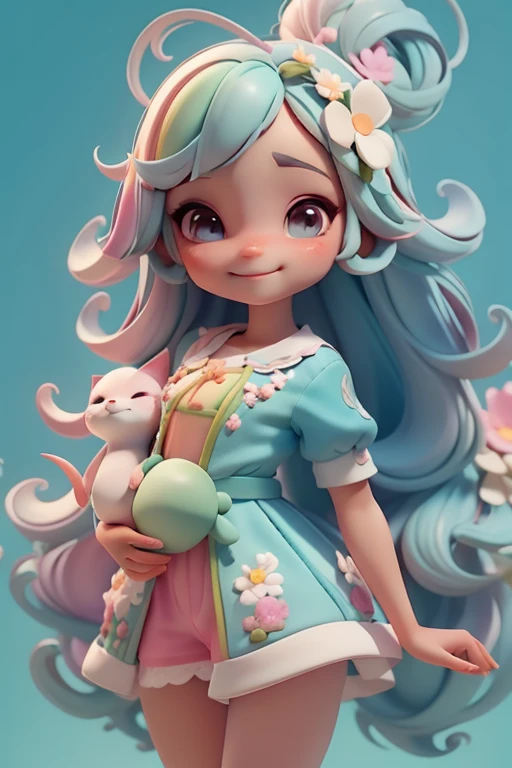 Avatar menina,sorriso meigo e delicado, multicolorida, vestida com uma jardineira, corpo inteiro,pele clara e olhos delicados e definidos,cartoon 3D com blusa delicada,, casaco peludinha, cabelos multicolor, fundo simples e branco