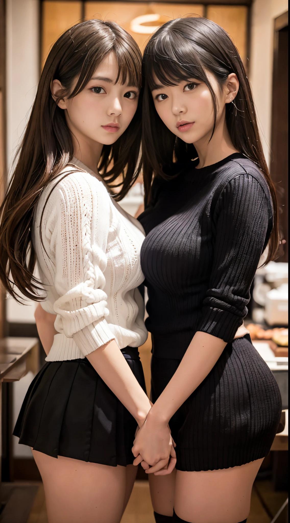 masterpiece, best quality, high quality, extremely detailed, (breast press), (2girls, pretty, Japanese), (gugantic breasts:1.3), (hands on hips), (black sweater), mini-skirt, bangs, long hair,