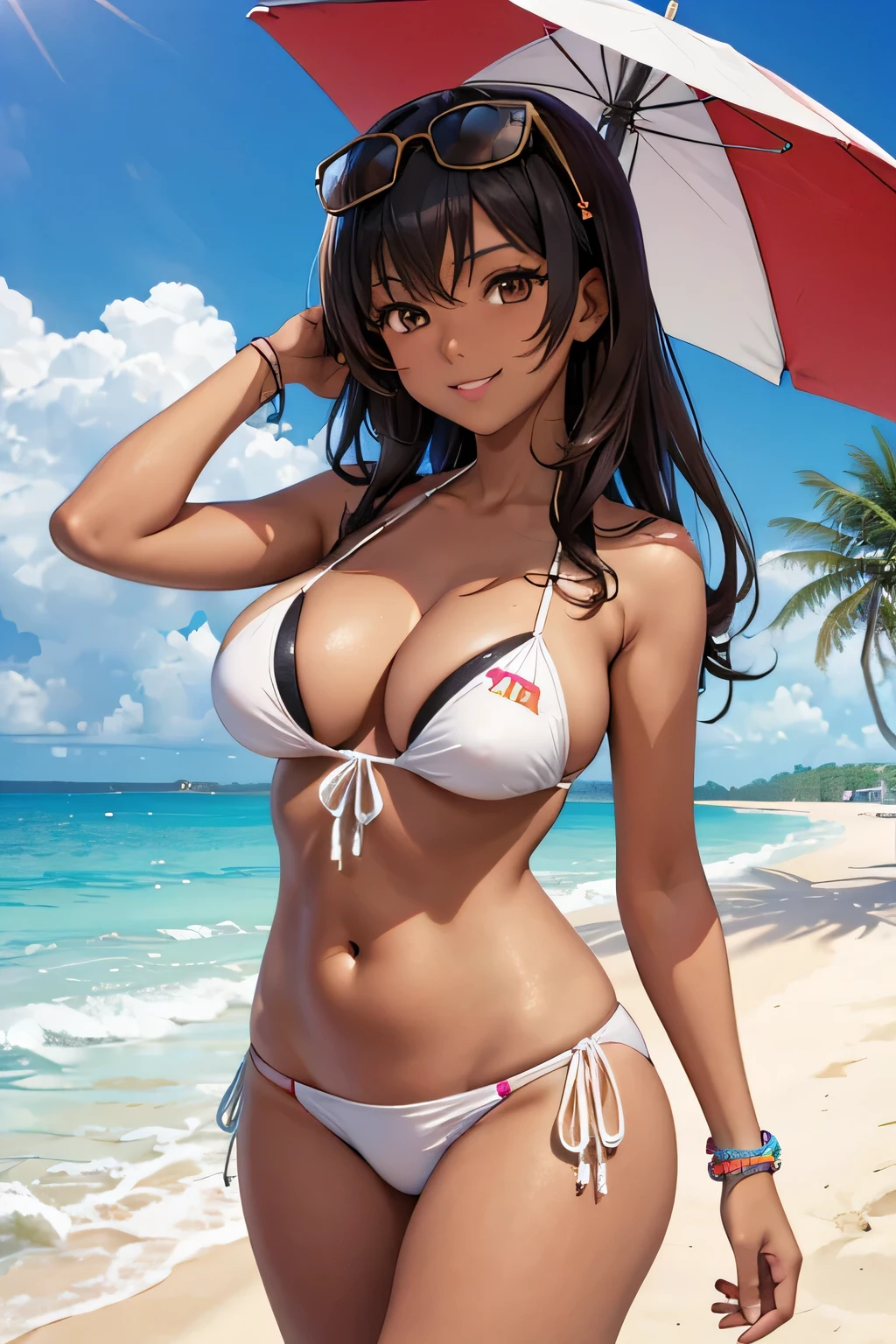 Female gyaru, Black hair, Brown eyes, dark brown skin, large breasts, wearing a white bikini, smiles, aviator sunglasses, with a beach in the background