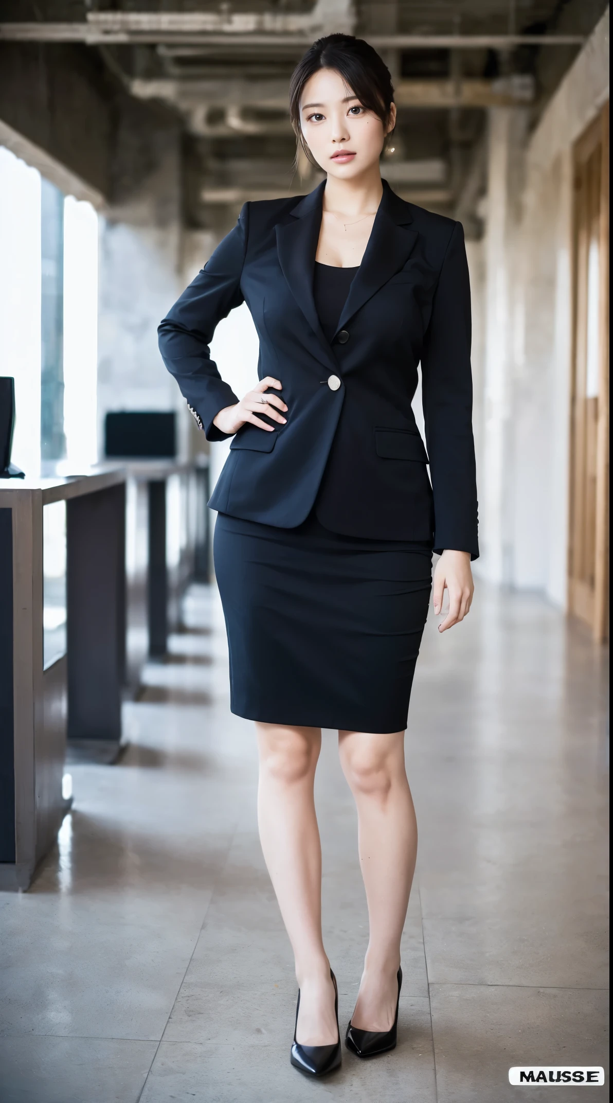 (masutepiece,High quality:1.3),(depth of fields:1.3) ,((front body:1.35)), Japanese ,beautiful woman,Chignon,Black Piece suit, collared shirt, Black pencil skirt,Huge breasts, chubby,(Looking at Viewer:1.3),(Full body:1.2),PCoffice