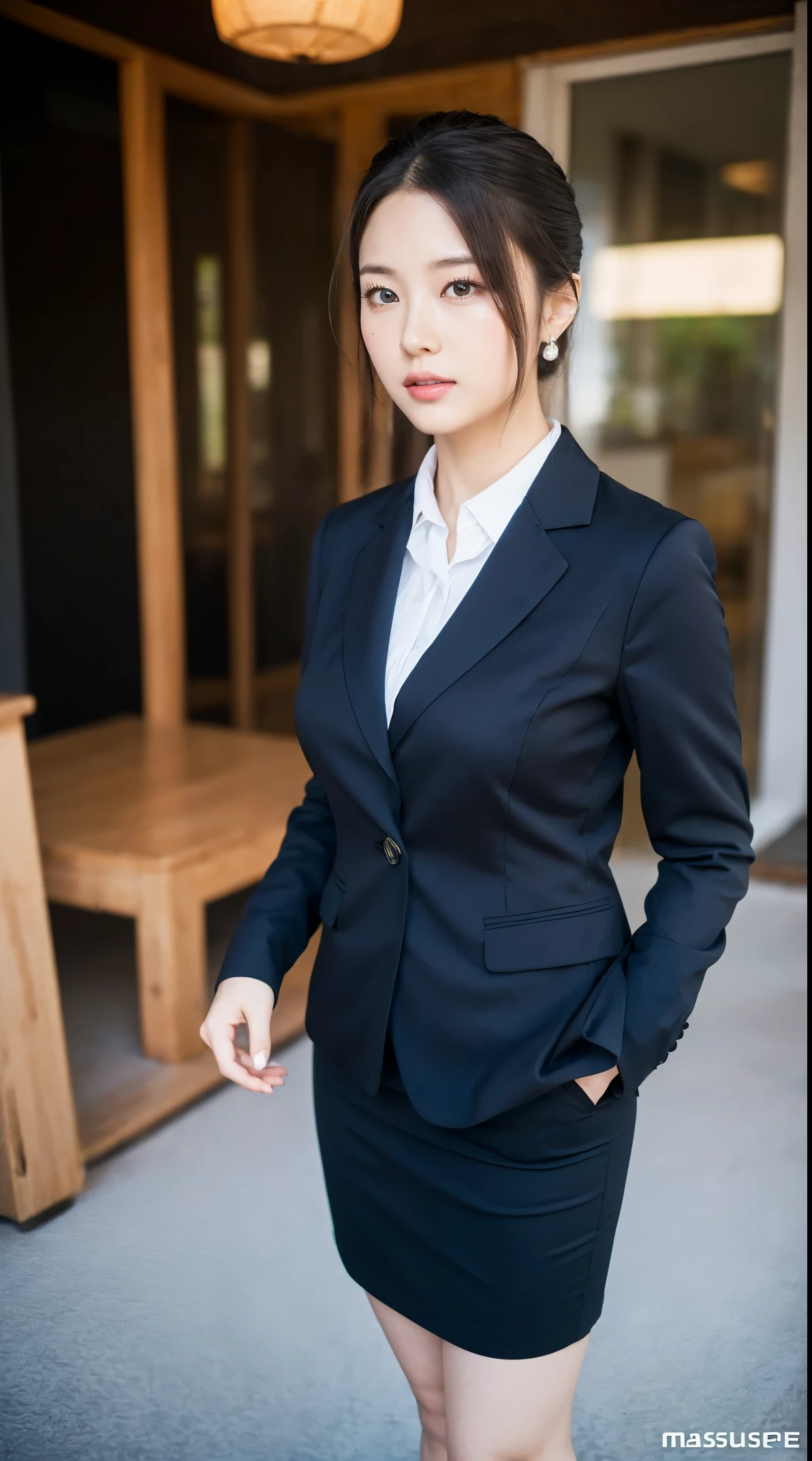 (masutepiece,High quality:1.3),(depth of fields:1.3) ,((front body:1.35)), Japanese ,beautiful woman,Chignon,Black Piece suit, collared shirt, Black pencil skirt,Huge breasts, chubby,(Looking at Viewer:1.3),(Full body:1.2),PCoffice