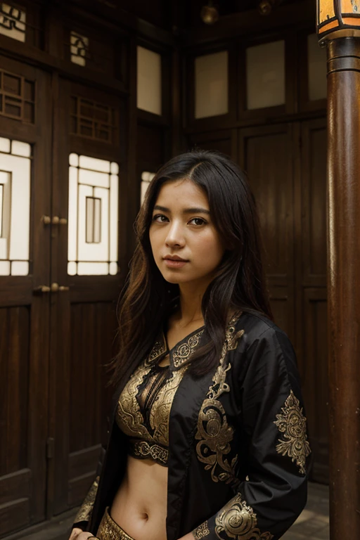 (best quality), garota,Fundo detalhado oriental, Paisagem urbana oriental, Steampunk, Miko
