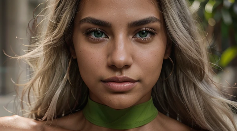 close-up portrait photo of a beautiful dark tanned Latina face with bright green eyes, straight long flowing bleached light grey hair, fitness model, large wide mouth, large lips, dramatic lighting, shadows, Instagram model, Victoria secret model