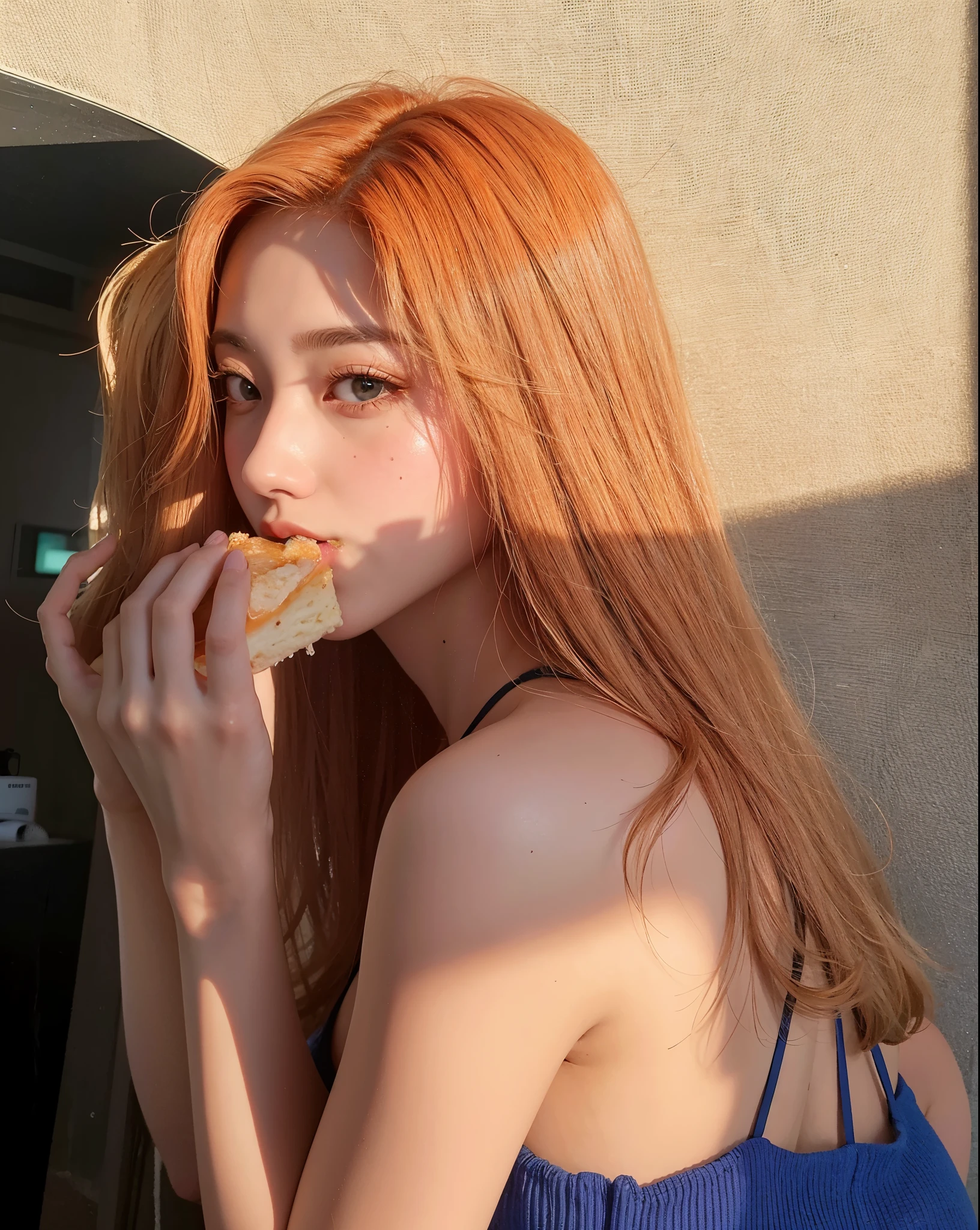 there is a woman eating a piece of food wearing a blue dress, ela tem cabelos longos e redorange, Amouranth, Ela tem longos cabelos castanhos alaranjados, linda Delphine, O corte Hime, Ulzzang, tzuyu de duas vezes, comer pizza, jossi do blackpink, Sha Xi, Jisoo do Blackpink, Parque Roseanne do Blackpink, jisoo do blackpink