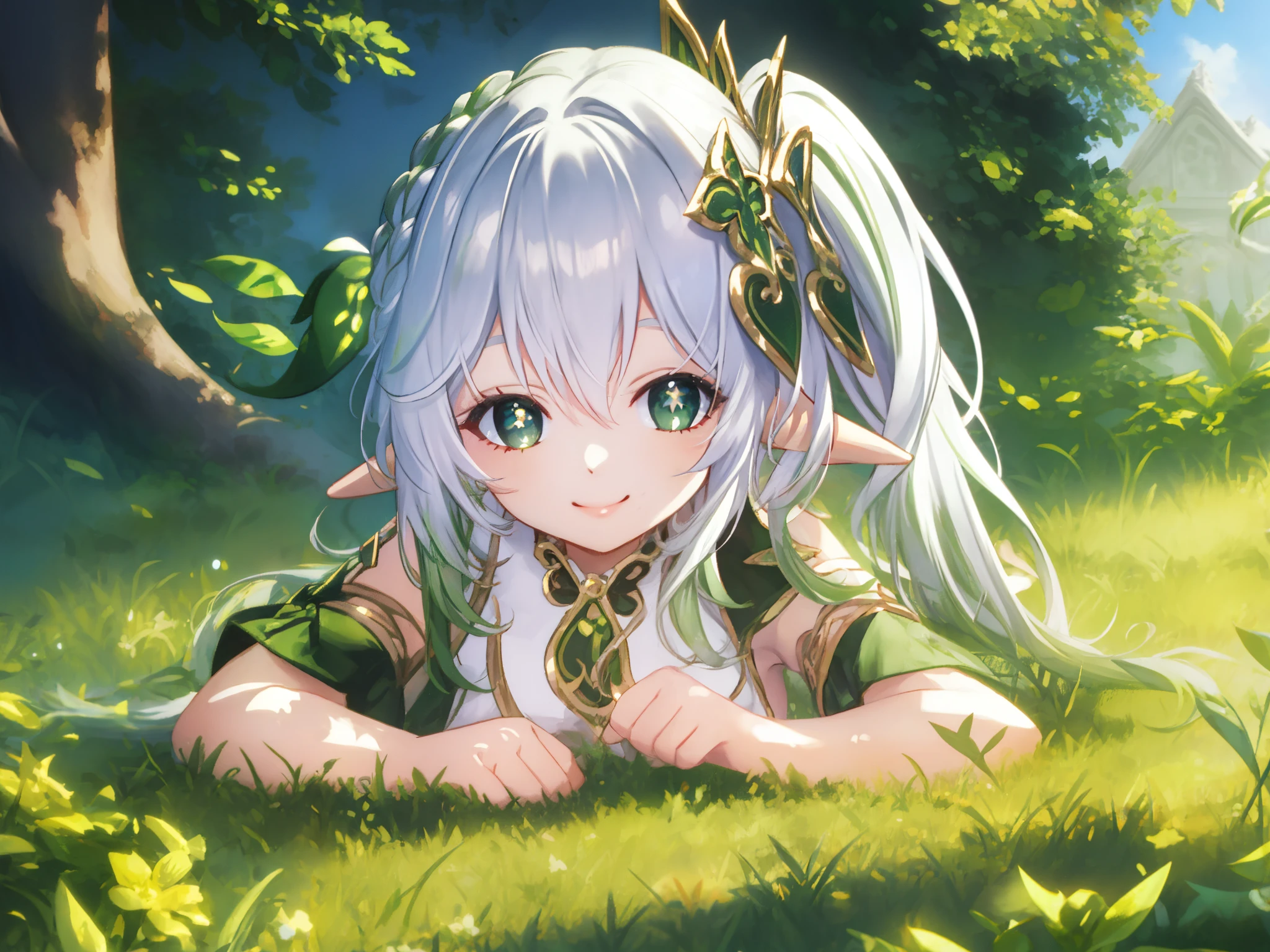 sunbathing, 8 , lying down, outside, smiling, sunny, bright sunlight, grass, pointy ears, hair ornament, white hair, green hairstreak, side ponytail, masterpiece, best quality