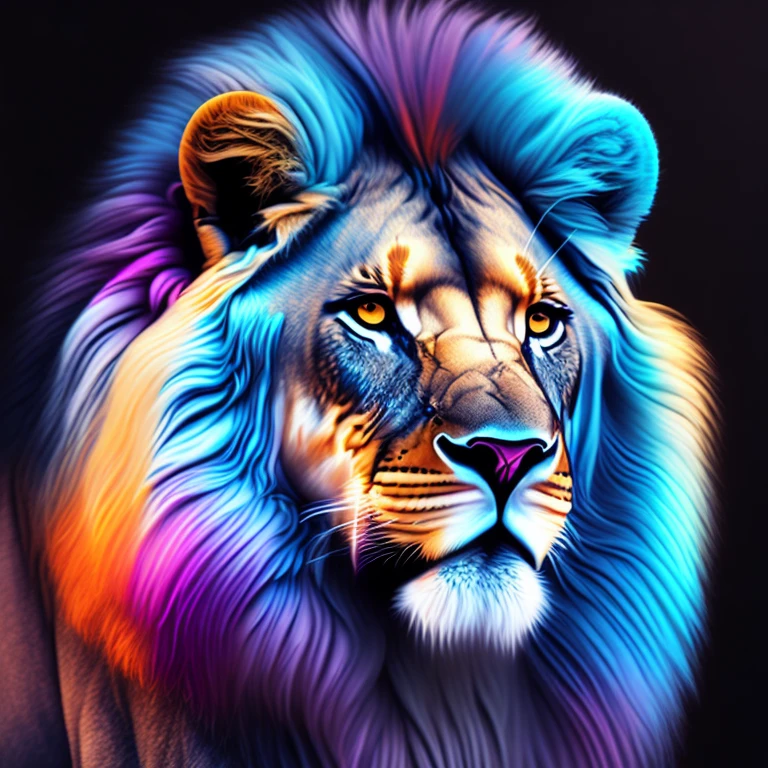 intricate and colorful, (digital painting:1.2) lion, bright neon fur, concept art, octane render, trending on artstation, neon-noir background, iolibt, vfx, Blender and Photoshop, octane render, excellent composition, cinematic atmosphere, dynamic dramatic cinematic lighting, aesthetic, very inspirational, arthouse,(dark plain black background:1.4))