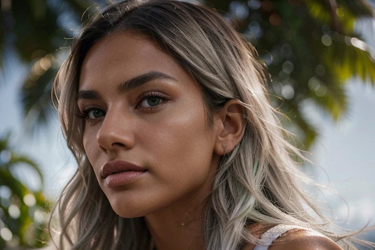 close-up portrait photo from the side of a beautiful dark tanned Latina face with bright green eyes, straight long flowing bleached light grey hair, fitness model, large wide mouth, large lips, dramatic lighting, shadows, Instagram model, Victoria secret model