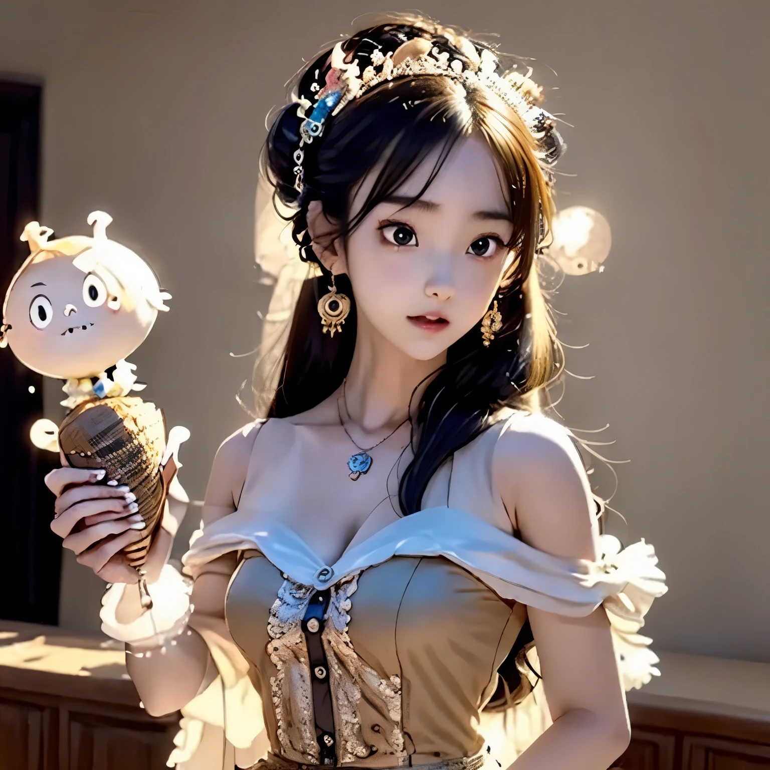 American retro miniature toy desktop, Steampunk style girl, icecream, Micro coffee machine, Flowing liquids, smokes, Little ghost, Awards, Best quality at best, cinematic lighitnglamplight, Awards, Best quality at best, hyper HD, hyper HD, multi view, Awards, Best quality at best, high qulity , by Pixar, style of anime, by Pixar, style of anime, bauhause, high detal, high detal, high qulity