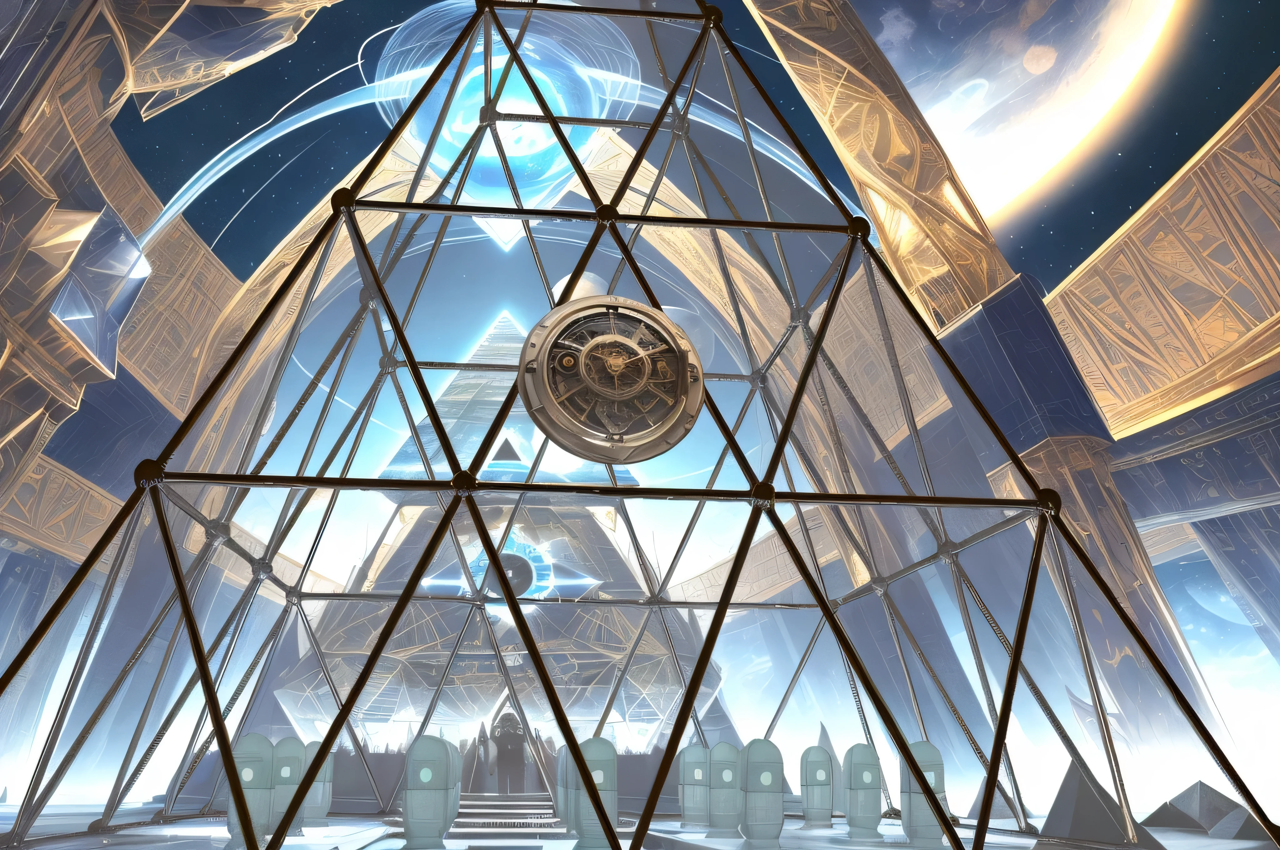 there is a very large pyramid with a clock in it, giant glass dome in space, futuristic dome, interplanetary cathedral, infinite space clock background, ancient biomechanical temple, futuristic setting, exterior of scifi temple, star - gate of futurisma, gateway to futurisma, futuristic palace, ancient megastructure pyramid, in a futuristic desert palace, under glass dome