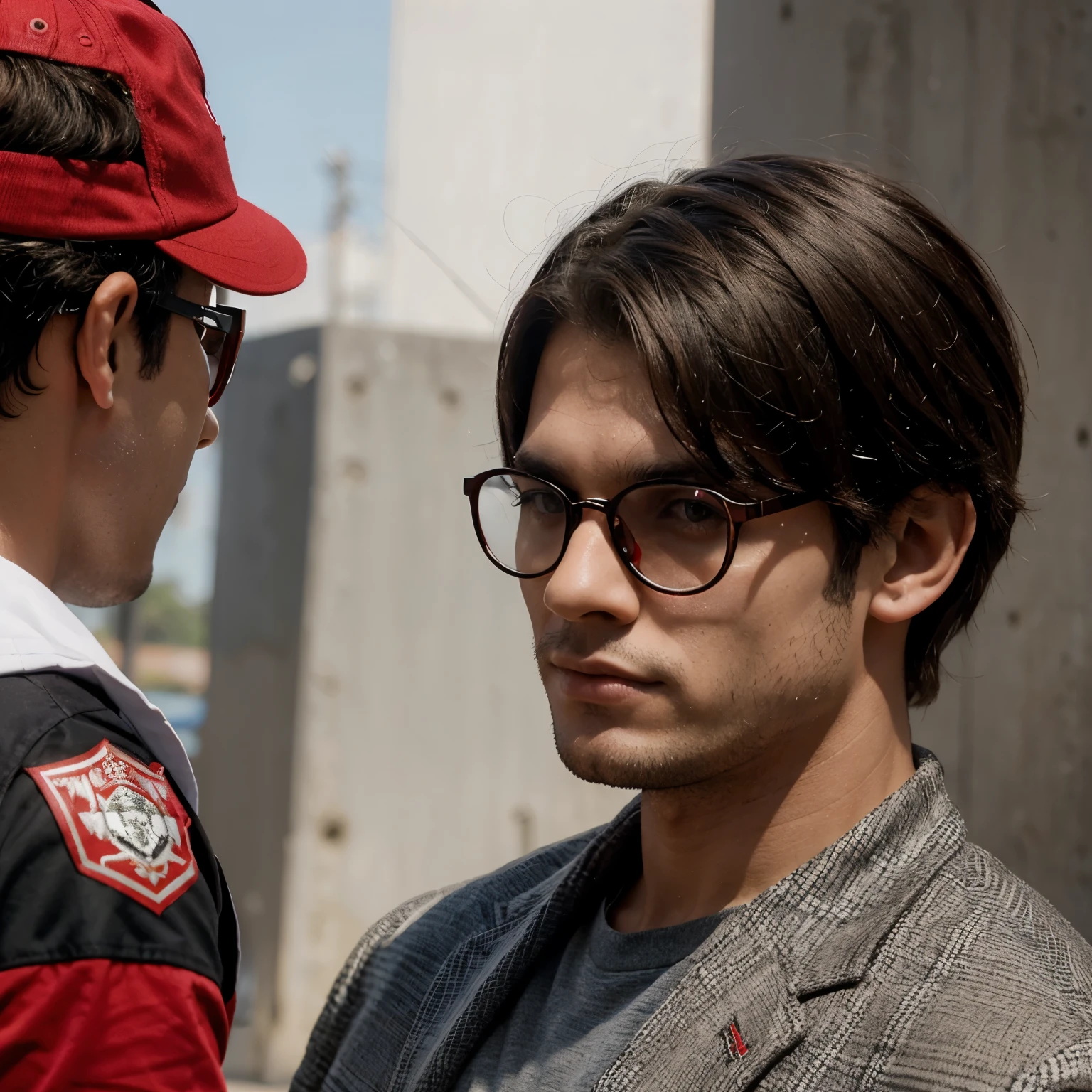Escola, Rosto detalhado, Cabelo cacheado, Red and black glasses, magro, casaco preto