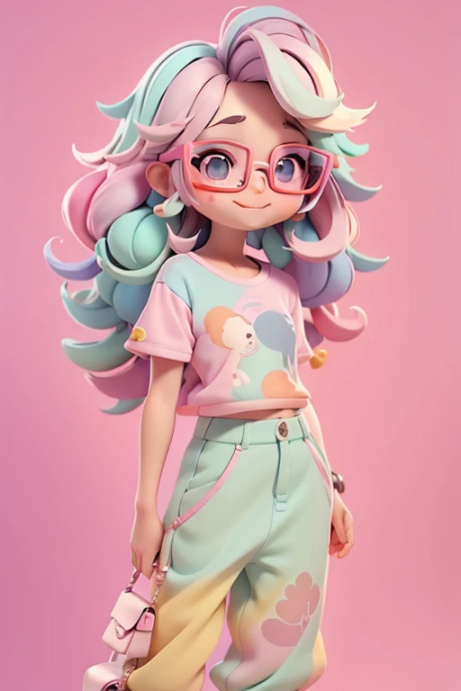 loli multicolor, fofa, romantic nerd style, delicate and elegant eyeglasses, moleton, capuz, camiseta, pants, tons pastel multicolor, sorriso meigo e delicado,  corpo inteiro, olhos delicados e  cabelos multicolor, fundo simples e branco