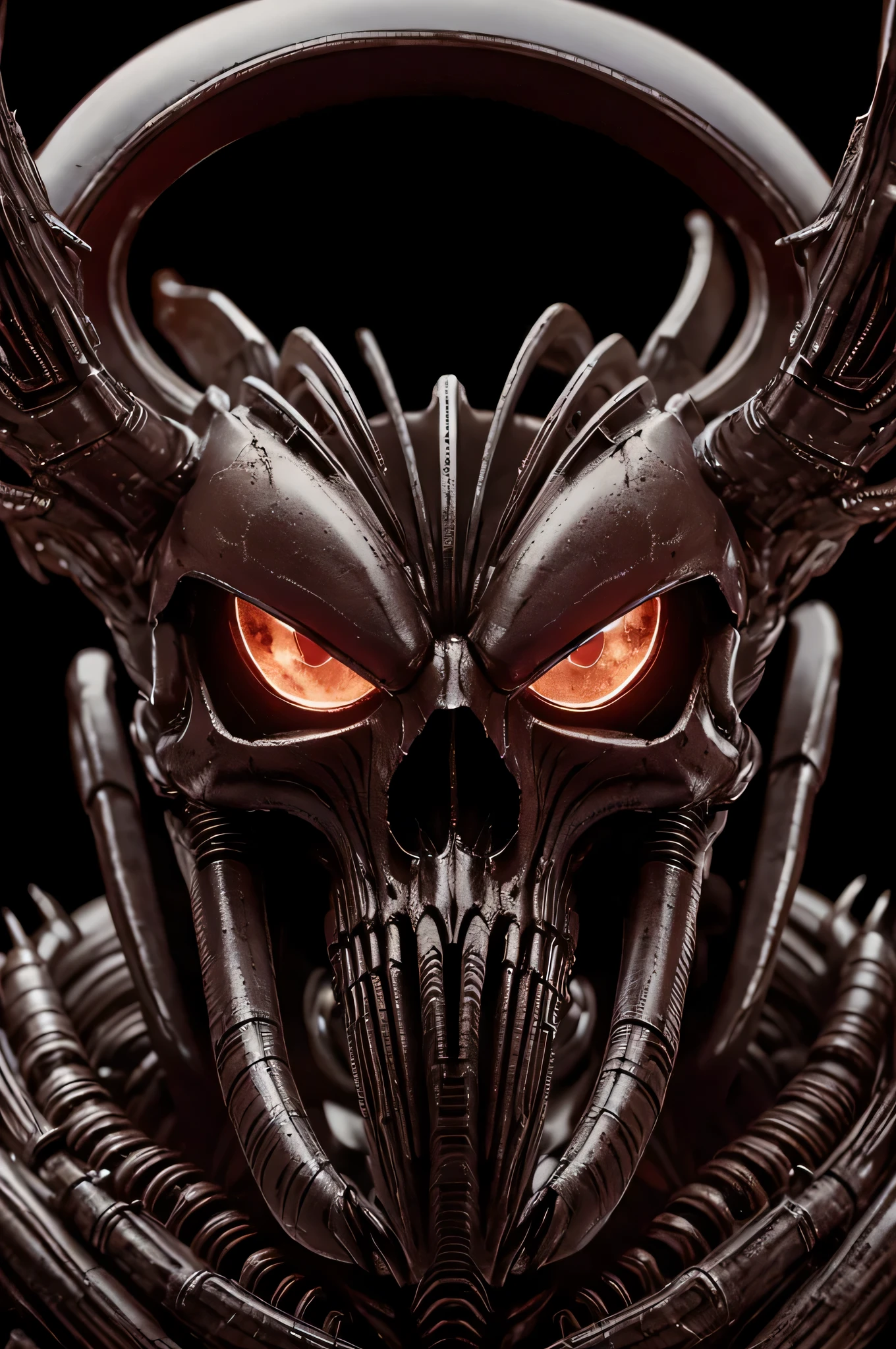 upper body biomechanical helmet, skulls ,alien, red glowing eyes, elegant, intense, claws, veins, captured dramatic lighting, dynamic view, dynamic pose, (photorealistic, masterpiece:1.2), best quality, high resolution, beautiful detailed, extremely detailed, perfect lighting, hrgiger, (giger:1.2), (Nightmarish horror), Polaroid, Raw, [bokeh], shallow DOF, sharp eye focus, symmetrical