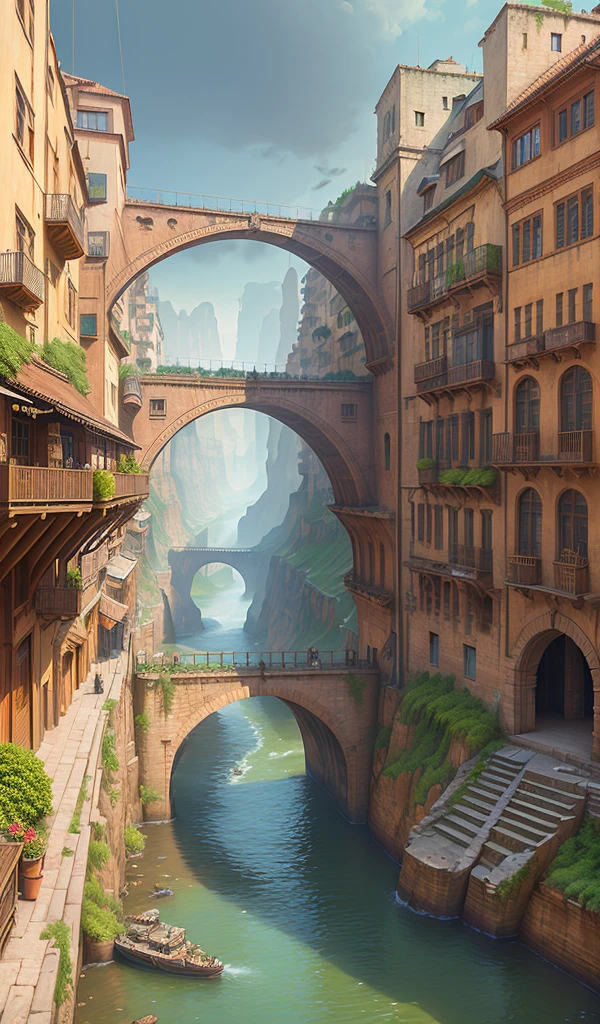((masterpiece)),((best quality)),((high detial)),((realistic,))
Industrial age city, deep canyons in the middle, architectural streets, bazaars, Bridges, rainy days, steampunk, European architecture