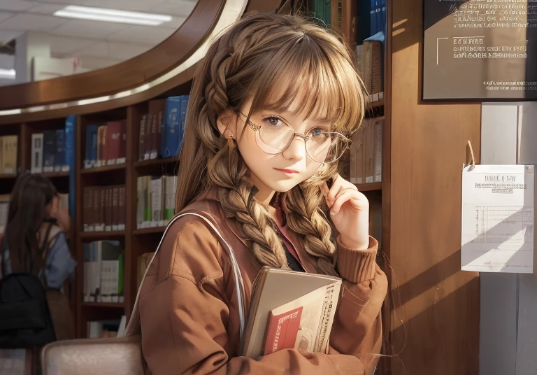 mature teen girl, light brown hair, light brown eyes, twin braids, library, glasses, young adult