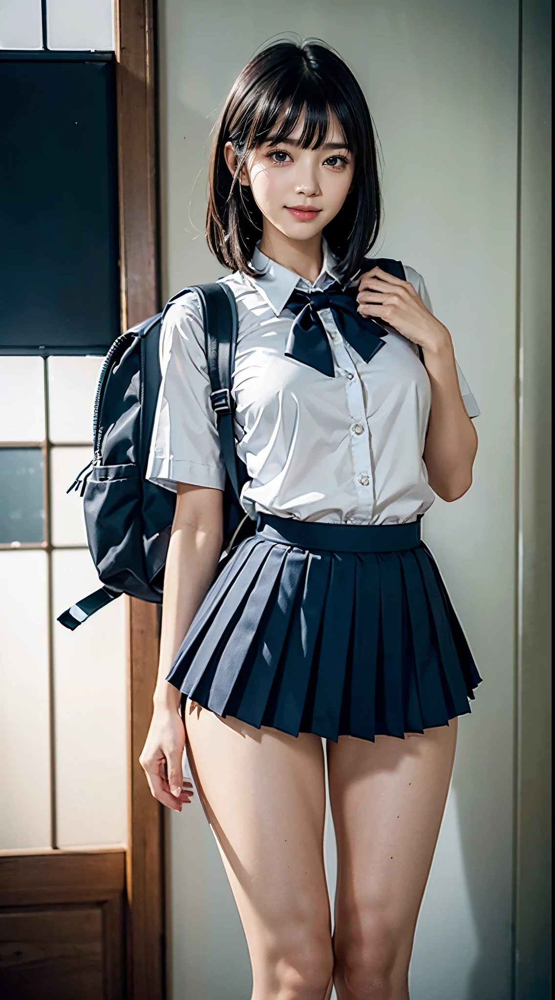 ((Dressing:1.8)), (((skirt rift:1.8, Showing everything about the girl&#39;s panties to the camera:1.8))) (((shool uniform:1.8, Dark blue pleated skirt:1.8, narrow white panties:1.8, backpack:1.8))), (((stick out buttocks:1.8, Point your butt at the camera:1.8, ssmile:1.8))), 1girl in, 独奏, , 7headed body, Ideal ratio body proportions, erectile nipple, Medium Hair, A dark-haired, With bangs, small tits, A slender, Small buttocks, beauty legs, Skinny Legs, surrealism, Cinematic lighting, depth of fields, One-person viewpoint, F/1.8, 135 mm, nffsw, masutepiece, ccurate, ((Anatomically correct:1.3)), Textured skin, Super Detail, high details, High quality, awardwinning, Best Quality, hight resolution, 8K