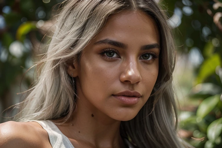 close-up portrait photo from the side of a beautiful dark tanned Latina face with bright green eyes, straight long flowing bleached light grey hair, fitness model, large wide mouth, large lips, dramatic lighting, shadows, Instagram model, Victoria secret model