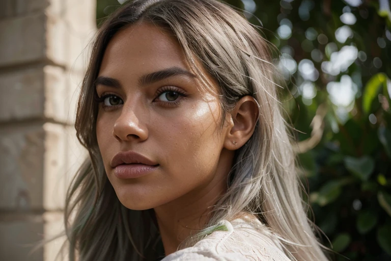 close-up portrait photo from the side of a beautiful dark tanned Latina face with bright green eyes, straight long flowing bleached light grey hair, fitness model, large wide mouth, large lips, dramatic lighting, shadows, Instagram model, Victoria secret model