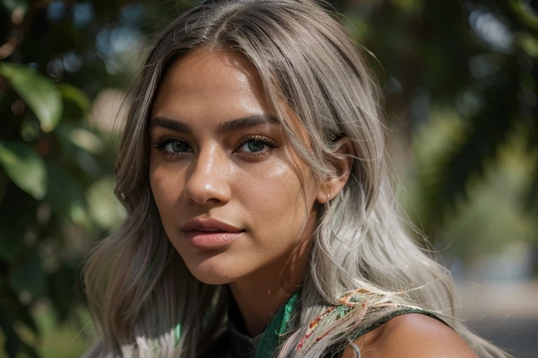 close-up portrait photo from the side of a beautiful dark tanned Latina face with bright green eyes, straight long flowing bleached light grey hair, fitness model, large wide mouth, large lips, dramatic lighting, shadows, Instagram model, Victoria secret model