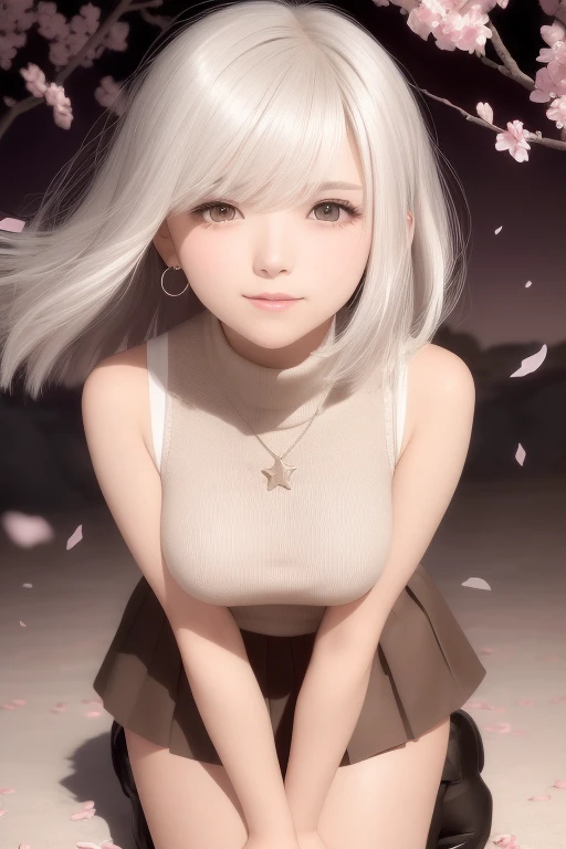 (Short flowy haircut) ,(((dark brown eyes))), cute medium side bangs, ((white hair)), starry skyscape, blooming cherry tree at the center of the background, (starry evening sky), ultra detailed, young Japanese woman , wearing simple earrings and necklace, ((wearing thick thigh strap)), beautiful face, ((wearing a sleeveless turtleneck cotton sweater)), ((waist-high pleated skirt)), ((hair flowing beautifully in the wind)) , perfect smooth legs, ((knees pointing inwards)),  (((contrast rich rim lighting from both sides))) , ((very short red finger nail polish)), (laced up boots) , perfect eyes, firm medium sized breast, thick calves, correct anatomy, tony taka art style, (cherry petals flying in the air by a soft breeze),ultra wide angle view, ((cinematic depth of field)), bokeh particles, (((crossed arms))), (smiling face), (((leaning forward)))