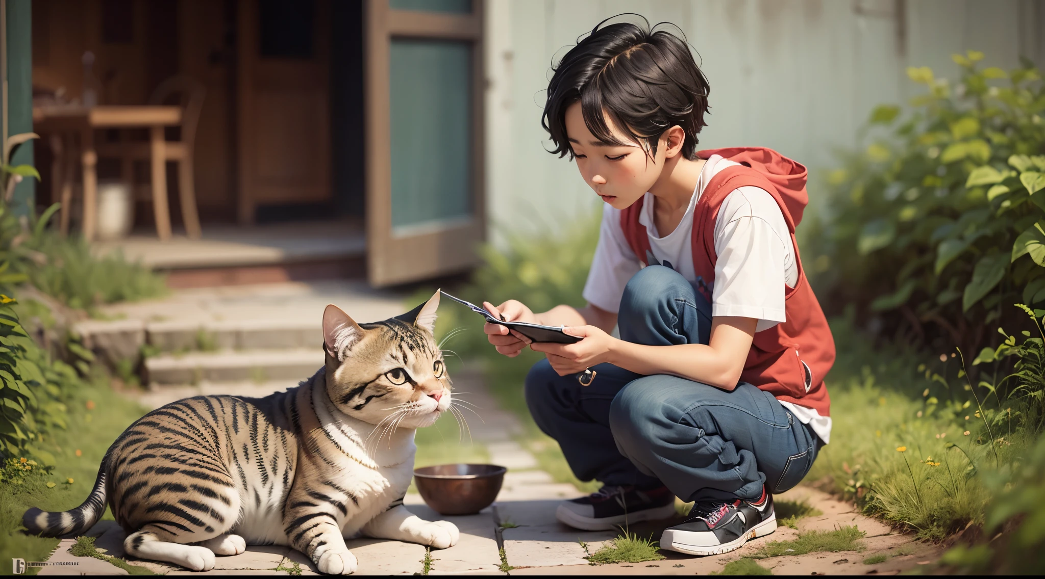 the boy which feeding to the cat --auto --s2