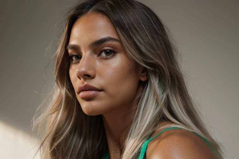 close-up portrait photo from the side of a beautiful dark tanned Latina face with bright green eyes, straight long flowing bleached light grey hair, fitness model, large wide mouth, large lips, dramatic lighting, shadows, Instagram model, Victoria secret model