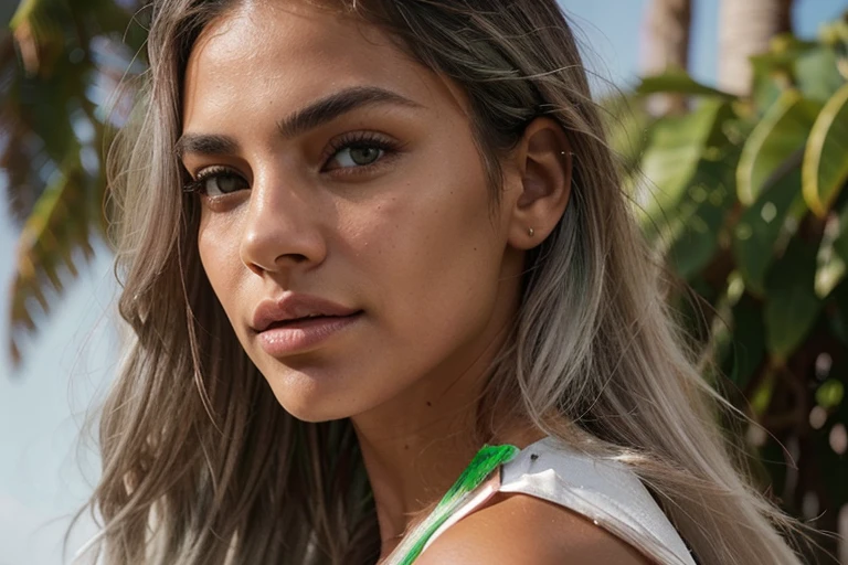 close-up portrait photo from the side of a beautiful dark tanned Latina face with bright green eyes, straight long flowing bleached light grey hair, fitness model, large wide mouth, large lips, dramatic lighting, shadows, Instagram model, Victoria secret model