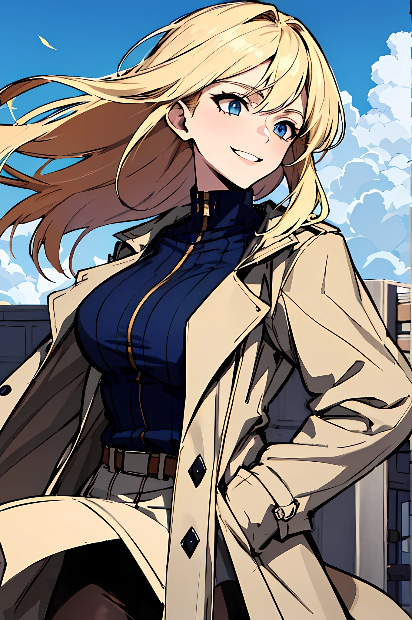(absurdres, 8k, 4k, masterpiece, hyper extreme detailed:1.2), solo, 1girl, side view, perfect face, 1girl, portrait, expressive eyes, solo, standing, Female, toned body, mature female, large breasts, pale, platinum blonde hair, medium hair, dark blue eyes, swept bangs, athletic body, stoic, windy hair, moving hair, moving clothes, Dark Brown Skirt. White Shirt, Tan Trench Coat, German, Medals, Military, battle worn, scars, medals, messy hair, smile, happy, heroic, perfect anatomy, friendly, heroism, light blonde hair, blue sky, sun, clouds, muscular, half body, hands in pockets