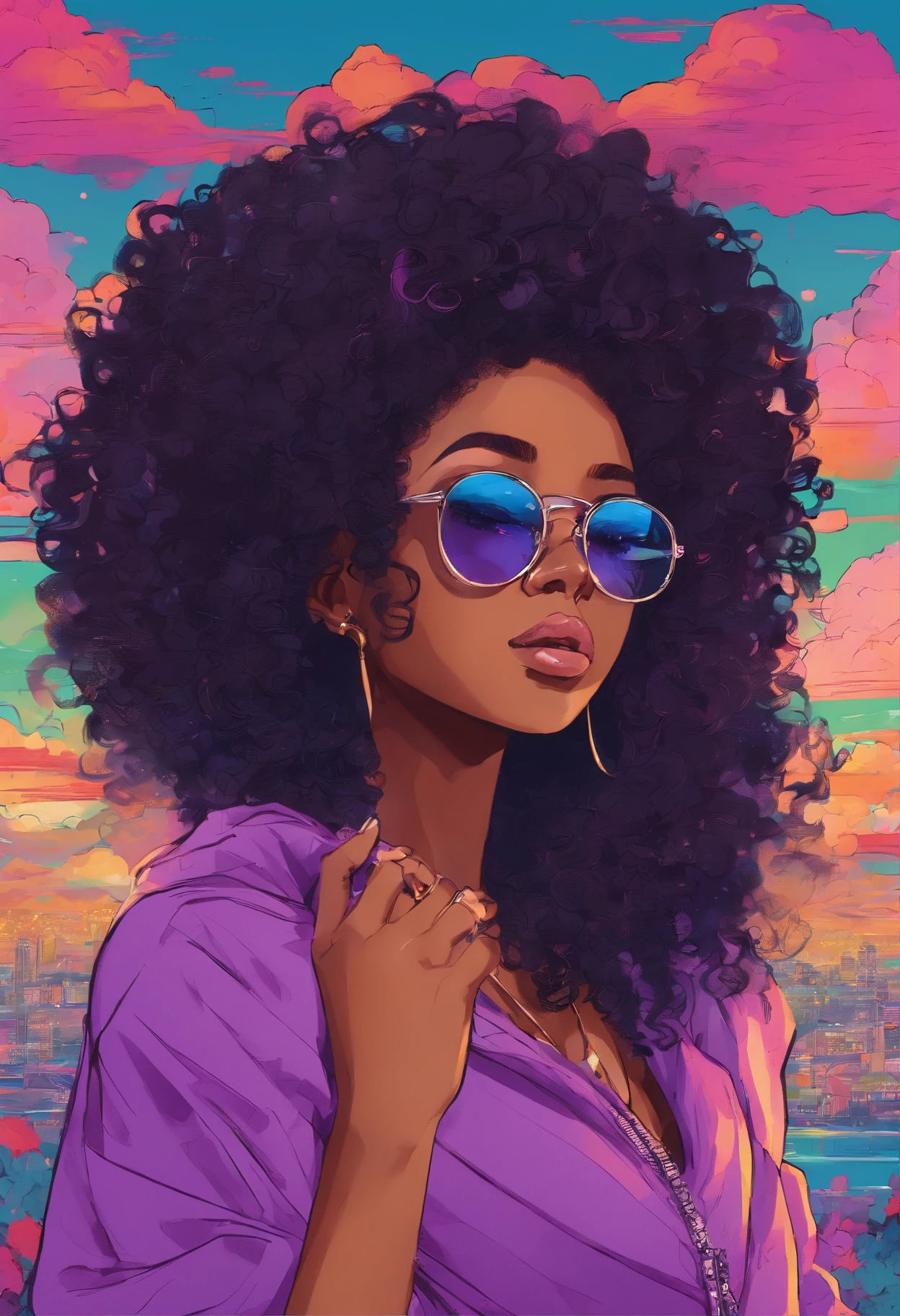 African girl, black hair, long, violet off the shoulder sweater, aviator glasses, insanely detailed, 8k, high definition