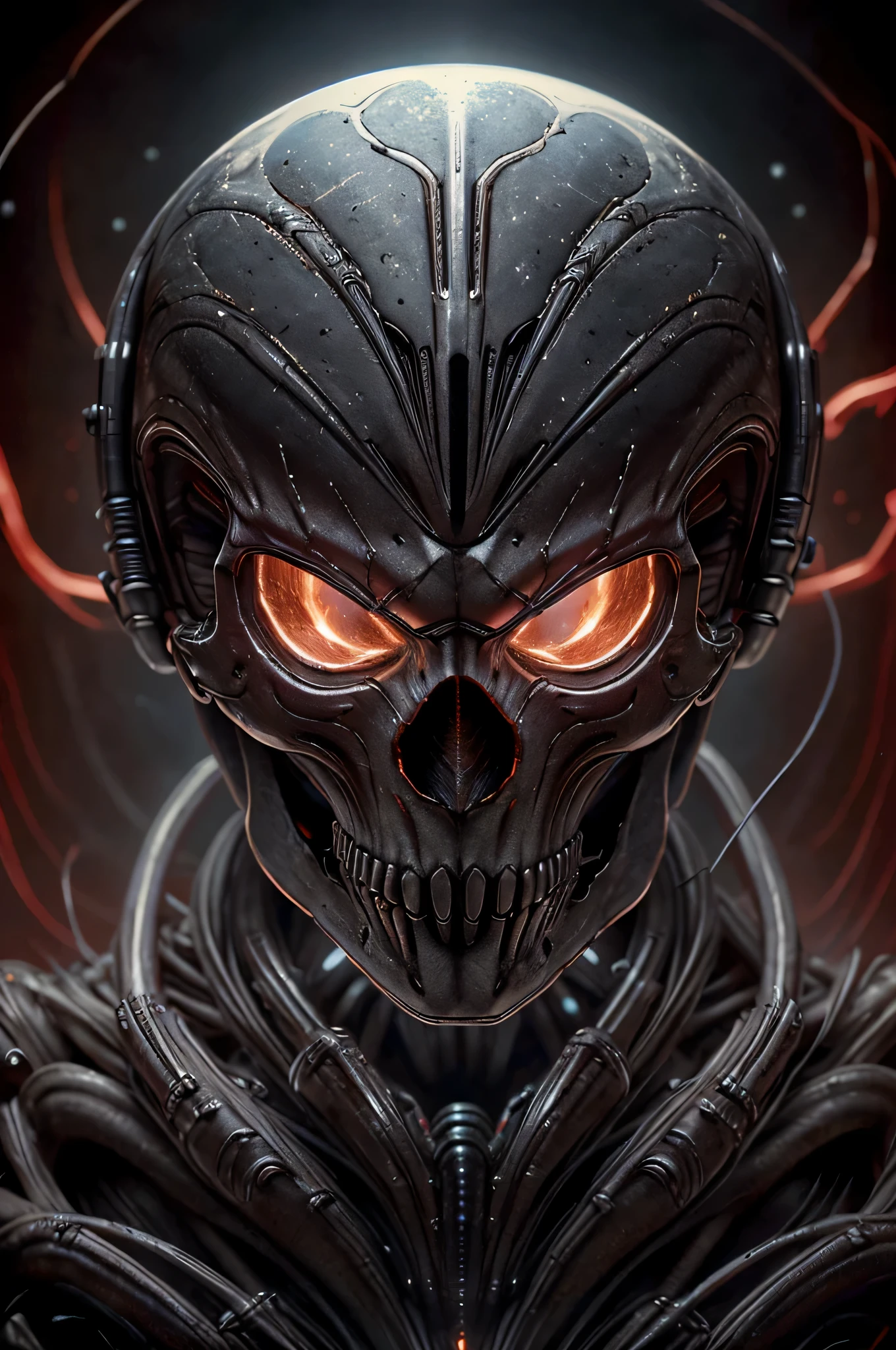 upper body biomechanical helmet, skulls ,alien, red glowing eyes, elegant, intense, claws, veins, captured dramatic lighting, dynamic view, dynamic pose, (photorealistic, masterpiece:1.2), best quality, high resolution, beautiful detailed, extremely detailed, perfect lighting, hrgiger, (giger:1.2), (Nightmarish horror), Polaroid, Raw, [bokeh], shallow DOF, sharp eye focus, symmetrical