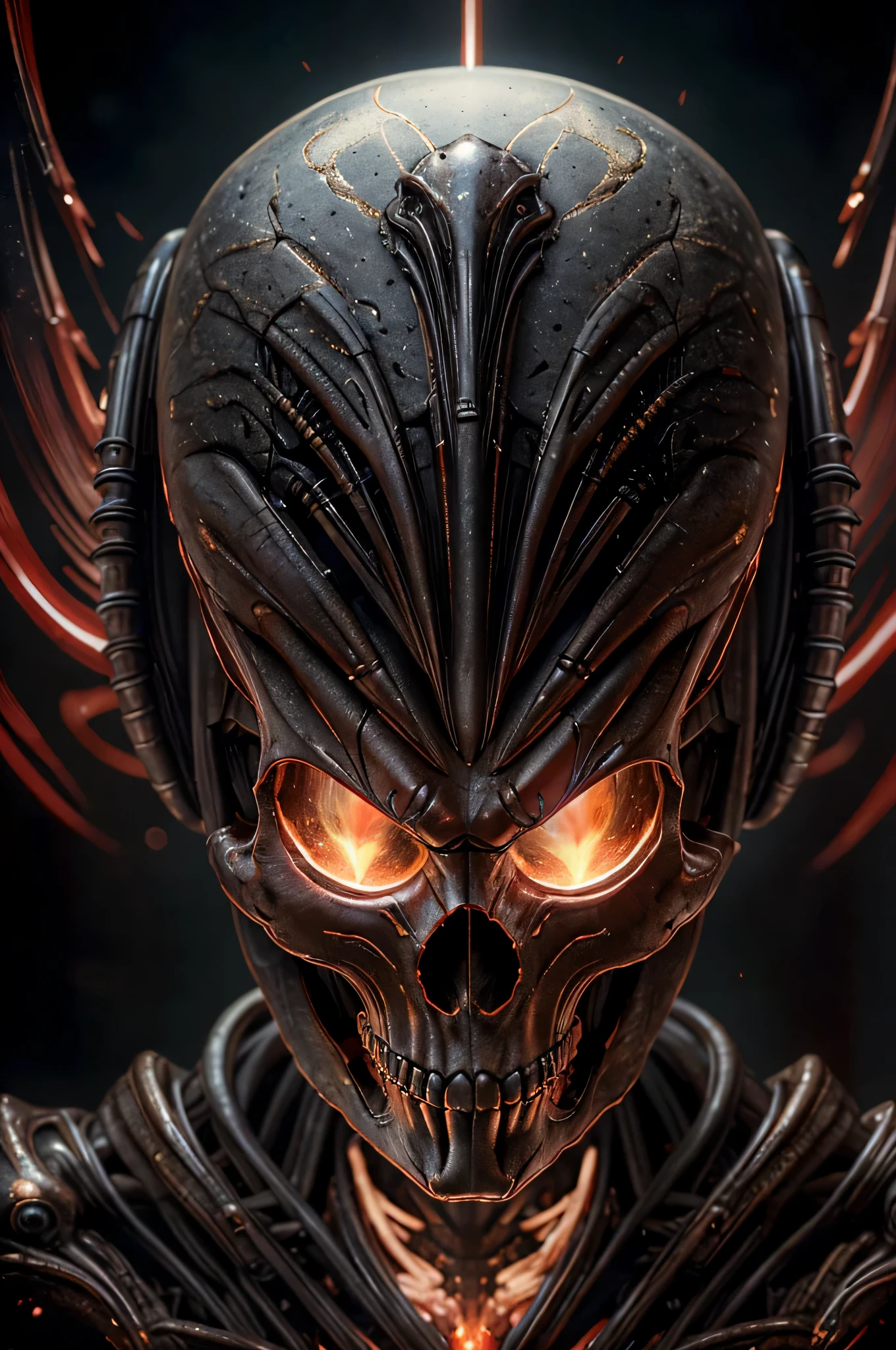 upper body biomechanical helmet, skulls ,alien, red glowing eyes, elegant, intense, claws, veins, captured dramatic lighting, dynamic view, dynamic pose, (photorealistic, masterpiece:1.2), best quality, high resolution, beautiful detailed, extremely detailed, perfect lighting, hrgiger, (giger:1.2), (Nightmarish horror), Polaroid, Raw, [bokeh], shallow DOF, sharp eye focus, symmetrical