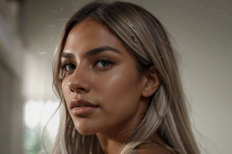close-up portrait photo from the side of a beautiful dark tanned Latina face with bright green eyes, straight long flowing bleached light grey hair, fitness model, large wide mouth, large lips, dramatic lighting, shadows, Instagram model, Victoria secret model