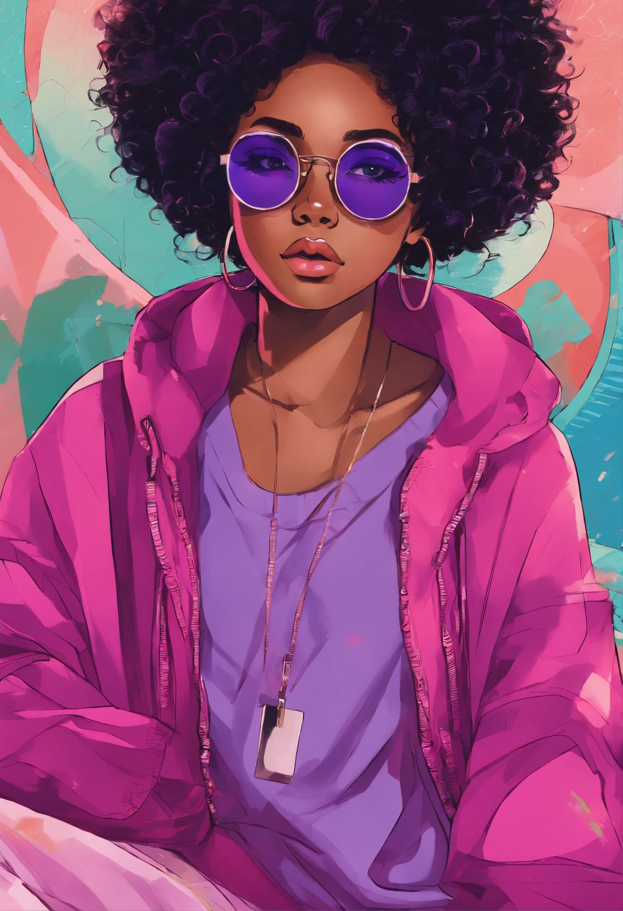 African girl, black hair, long, violet off the shoulder sweater, aviator glasses, insanely detailed, 8k, high definition