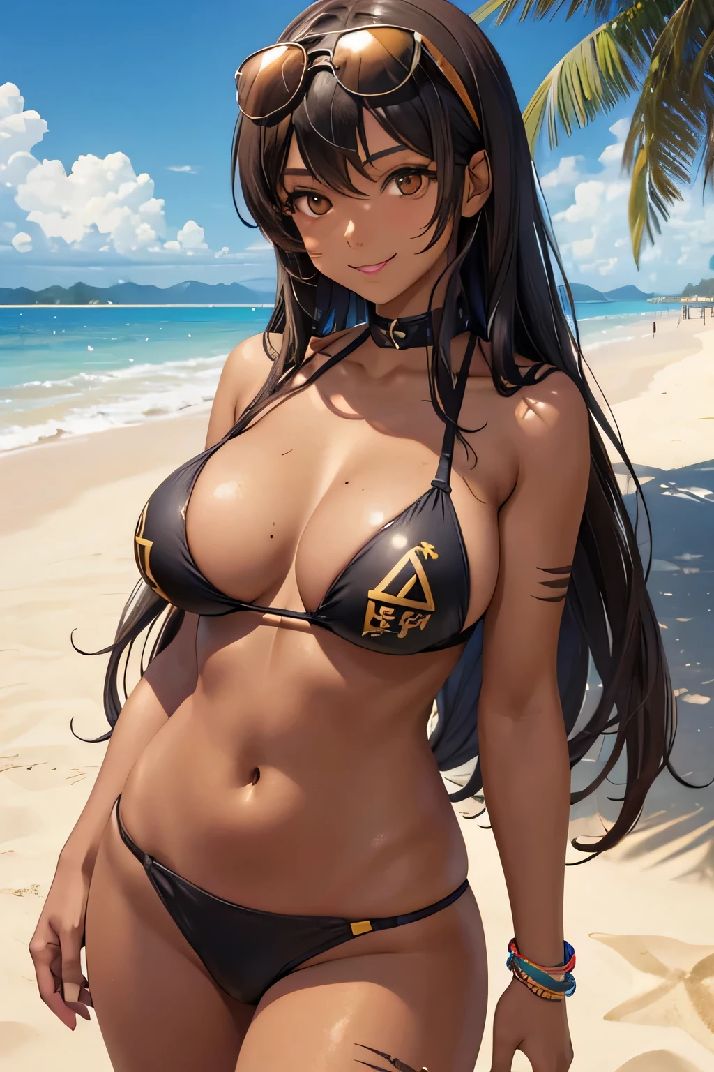 Female gyaru, Black hair, Brown eyes, dark brown skin, large breasts, tribal body paint, smiles, aviator sunglasses, with a beach in the background