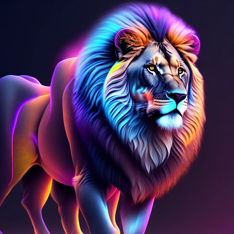 intricate and colorful, (digital painting:1.2) lion standing, bright neon fur, concept art, octane render, trending on artstation, neon-noir background, iolibt, vfx, Blender and Photoshop, octane render, excellent composition, cinematic atmosphere, dynamic dramatic cinematic lighting, aesthetic, very inspirational, arthouse,(dark plain black background:1.4))
