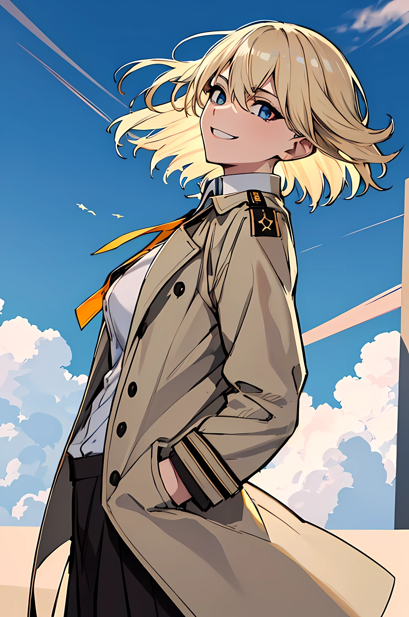(absurdres, 8k, 4k, masterpiece, hyper extreme detailed:1.2), solo, 1girl, side view, perfect face, 1girl, portrait, expressive eyes, solo, standing, Female, toned body, mature female, large breasts, pale, platinum blonde hair, short hair, dark blue eyes, swept bangs, athletic body, stoic, windy hair, moving hair, moving clothes, Dark Brown Skirt. White Shirt, Tan Trench Coat, German, Medals, Military, battle worn, scars, medals, messy hair, smile, happy, heroic, perfect anatomy, friendly, heroism, light blonde hair, blue sky, sun, clouds, muscular, half body, hands in pockets