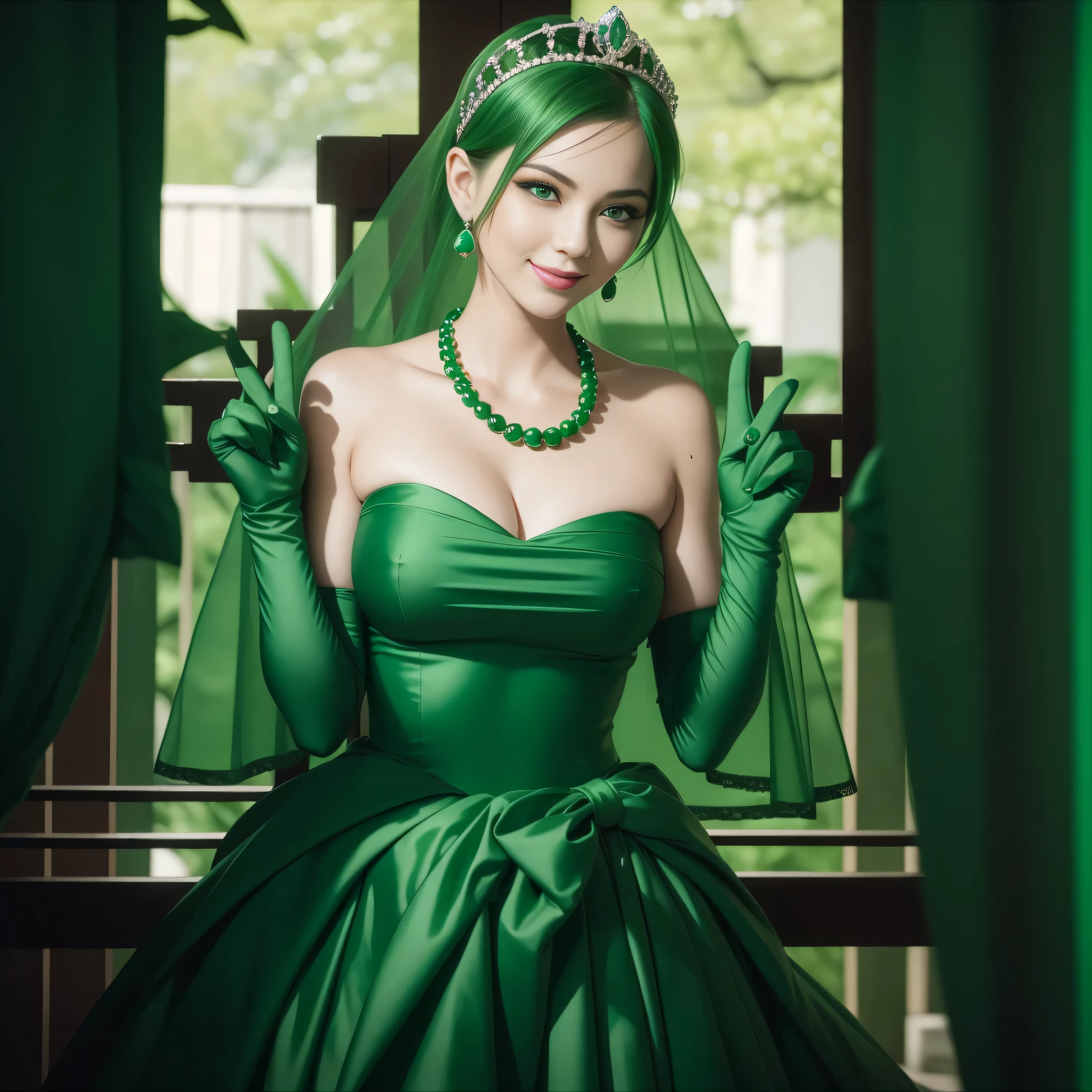 emerald tiara, Green Pearl Necklace, Boyish very short green hair, lipsticks, Japan woman smiling, very short short hair,   beautiful, Green eyes, Long green gloves made of satin material, Green eyes, Emerald Earrings, green vale, v sign