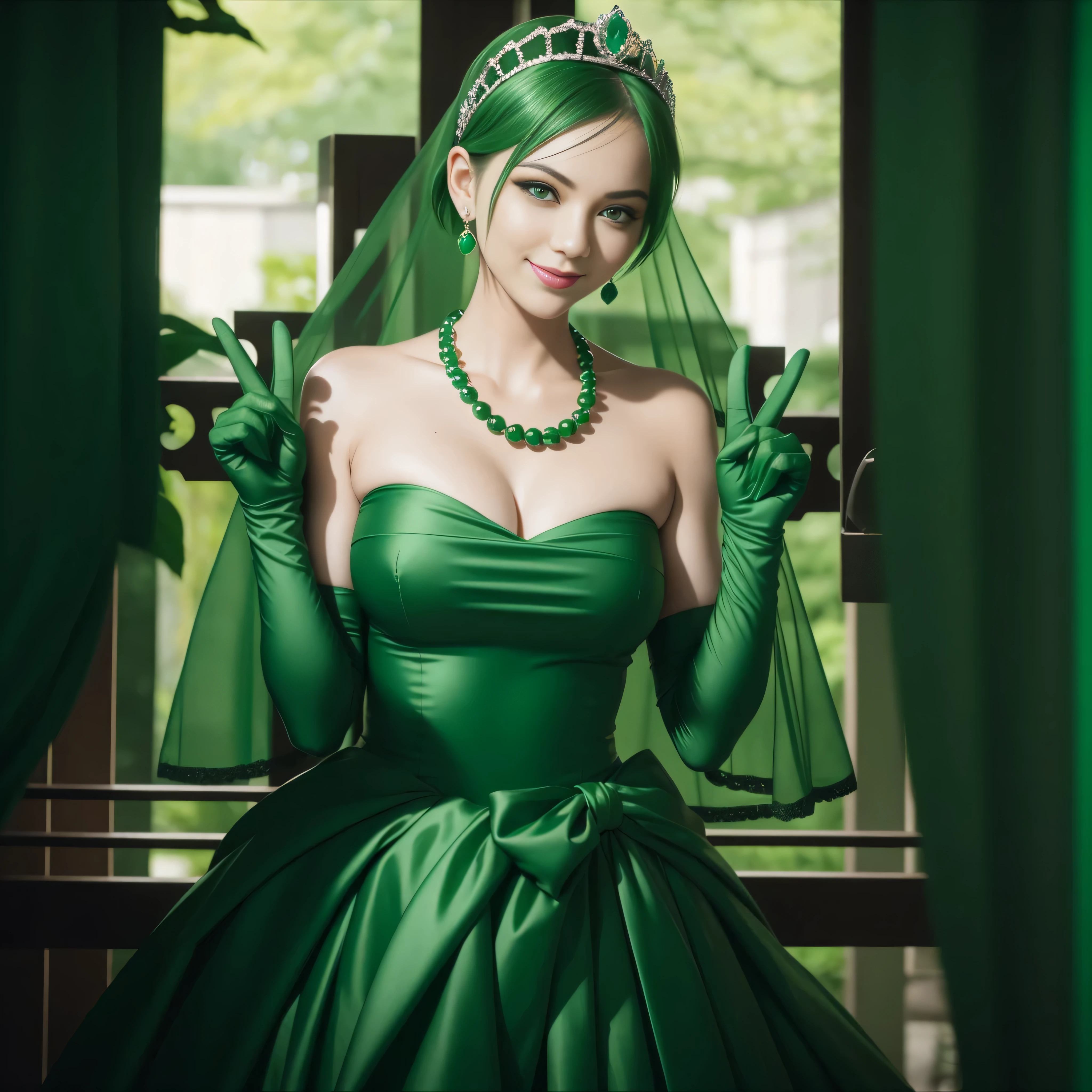 emerald tiara, Green Pearl Necklace, Boyish very short green hair, lipsticks, Japan woman smiling, very short short hair,  big breasts beautiful, Green eyes, Long green gloves made of satin material, Green eyes, Emerald Earrings, green vale, v sign