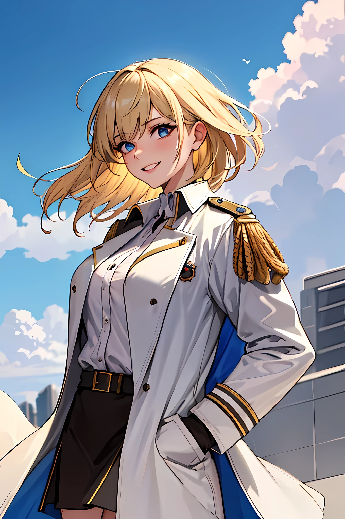 (absurdres, 8k, 4k, masterpiece, hyper extreme detailed:1.2), solo, 1girl, side view, perfect face, 1girl, portrait, expressive eyes, solo, standing, Female, toned body, mature female, large breasts, pale, platinum blonde hair, short hair, dark blue eyes, swept bangs, athletic body, stoic, windy hair, moving hair, moving clothes, Dark Brown Skirt. White Shirt, Tan Trench Coat, German, Medals, Military, battle worn, scars, medals, messy hair, smile, happy, heroic, perfect anatomy, friendly, heroism, light blonde hair, blue sky, sun, clouds, muscular, half body, hands in pockets
