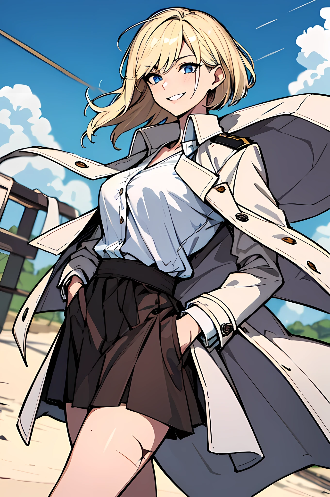 (absurdres, 8k, 4k, masterpiece, hyper extreme detailed:1.2), solo, 1girl, side view, perfect face, 1girl, portrait, expressive eyes, solo, standing, Female, toned body, mature female, large breasts, pale, platinum blonde hair, short hair, dark blue eyes, swept bangs, athletic body, stoic, windy hair, moving hair, moving clothes, Dark Brown Skirt. White Shirt, Tan Trench Coat, German, Medals, Military, battle worn, scars, medals, messy hair, smile, happy, heroic, perfect anatomy, friendly, heroism, light blonde hair, blue sky, sun, clouds, muscular, half body, hands in pockets