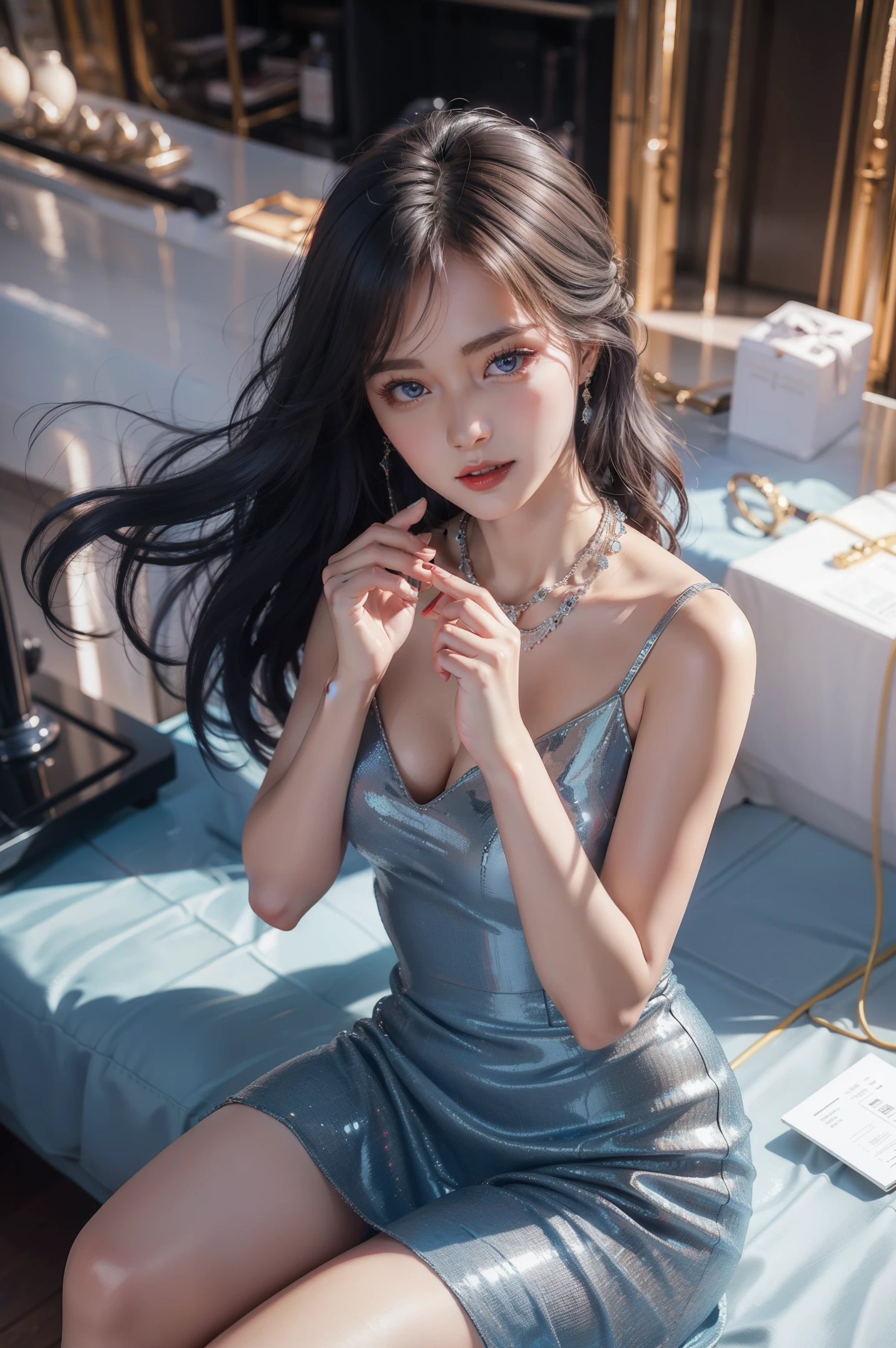 High-quality work,Realistic works,Super premium graphics,8K HD CG works,high quality graphics,High-definition and exquisite CG works,10x pixels,Ultra-fine details:1.1,Advanced technical details:1.1Realistic photo effects,室内灯Light effect果:1.5,natural soft light:1.5. Light effect(虚拟灯Light effect果:1.8),超高分辨率,shiny blue dress,sliver long hair,silber hair,transparenthair,high detailed hair(Quality hair details:1.1)Clear eyes,Double eyelids look good,Sharp eye makeup, Create exquisite eyelash makeup, tthin eyebrows, Ultra-detailed eyes,a tall nose, lovely red lips, rosey cheeks, With delicate makeup on her face , pretty face, The face shape is perfectly proportioned,(Advanced facial details:1.1)Shiny blue luxury dresselue sequined dress collection,Sequin coat,Shiny,Tight long skirt,Summer sexy hip wrapped fishtail sleeveless commuter maxi,Horse socks 100%Oily Pantyhose Glossy Silk Glossy 8D Black Silk Women,Beautiful long dress with stiletto heels,Wonderful red series,High fashion dress collection,Dress photography,Authentic dress work,inside a ballroom,Women's artwork,Dress full body video,真实感,Amazing Cleavage,My eyes are very bright today
